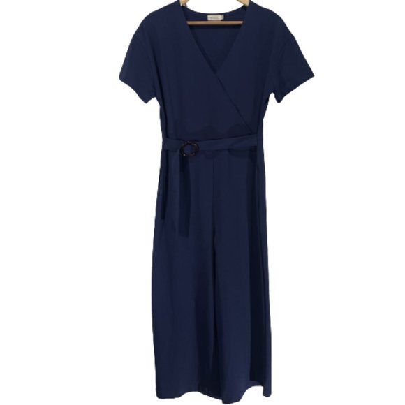 Roolee Wide Leg V-Neck Short Sleeve Neptune Navy Jumpsuit Adjustable Waist Belt - Picture 8 of 12